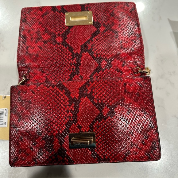 NWT Michael Kors Ellie Medium Shoulder Flap Python Embossed Red Leather Bag - Picture 10 of 12